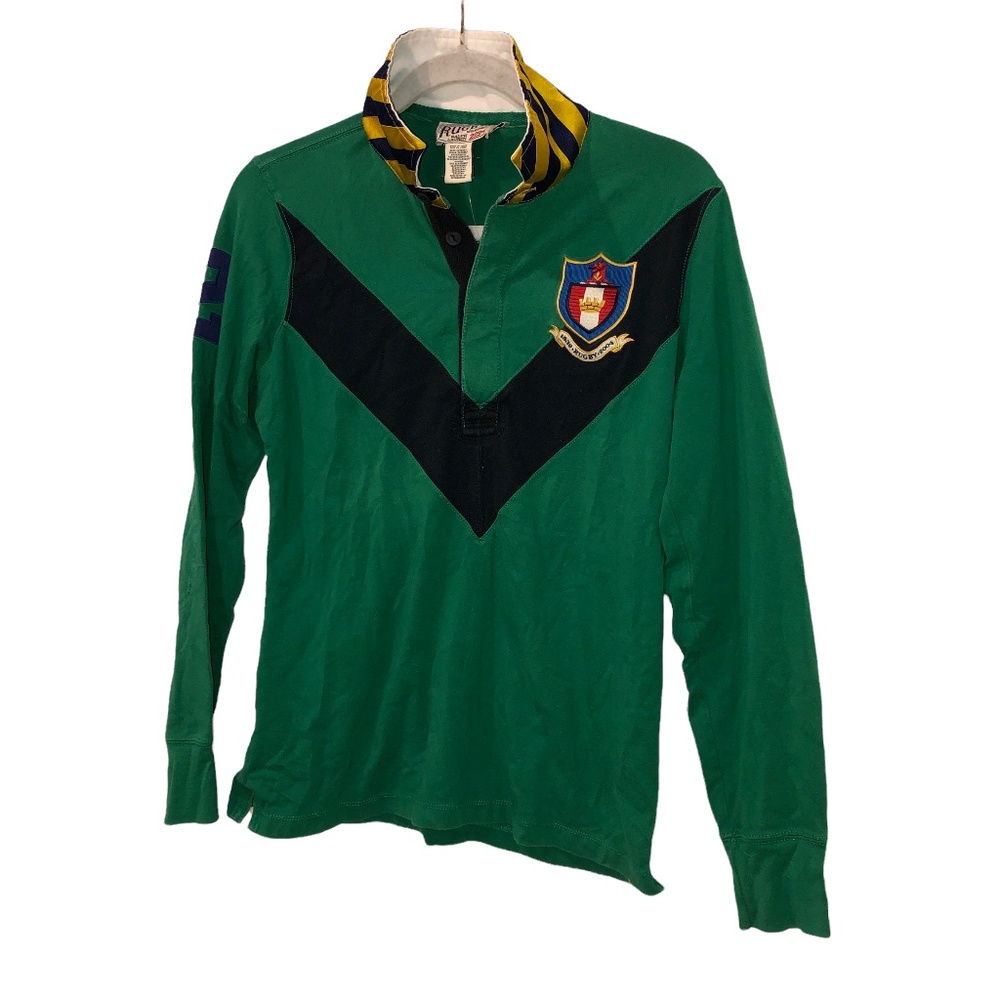 Ralph Lauren RUGBY vintage collectible kelly green silk stripe collar shirt L 34